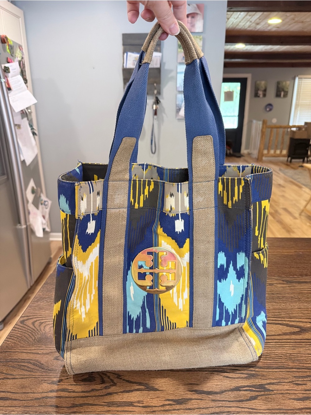 Tory Burch Blue, Yellow & Tan Canvas Ikat Tote